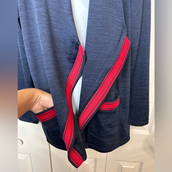 New T by TALBOTS Cardigan Sweater Blue Red Stripe Trim Open Cascading Draped - Picture 5 of 9